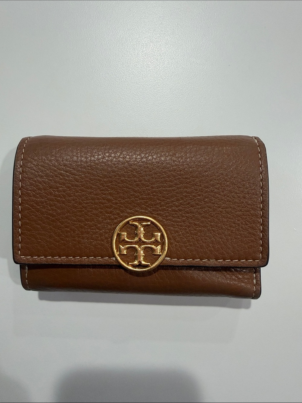 Tory Burch Brown Pebbled Leather Trifold Wallet with Gold Logo